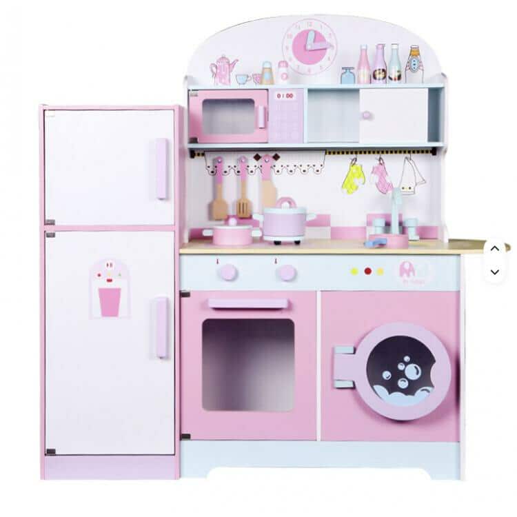 Velika roze drvena kuhinja 96cm sa friziderom i ves masinom - Слика 2